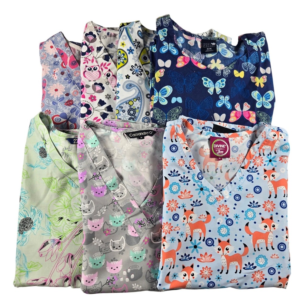 Lot of 7 Women's Medium Scrub Tops Butterfly Floral Owl Cat Mixed Print Nurse